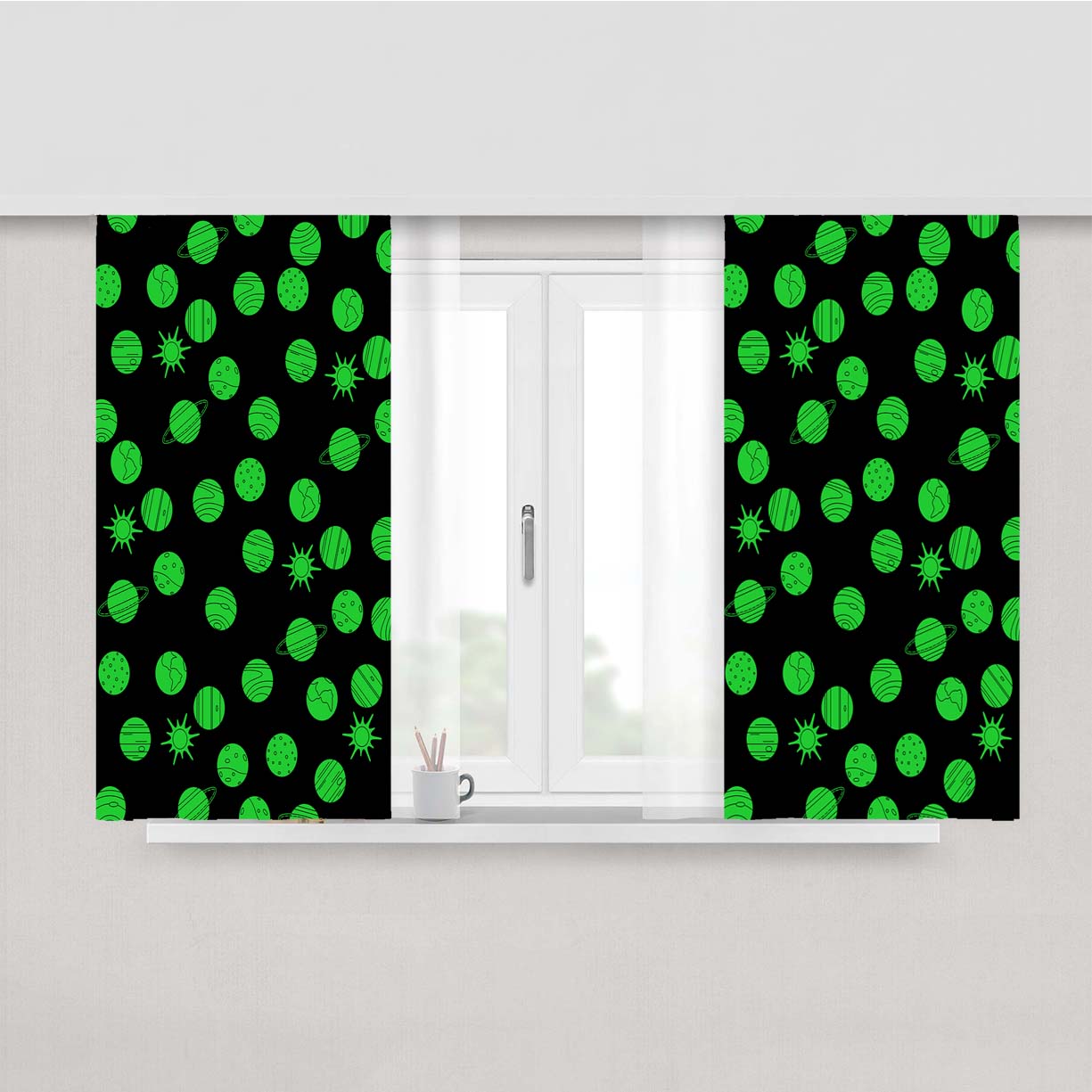 Black Green Planet Pattern Doodle Peach Skin Window Curtains