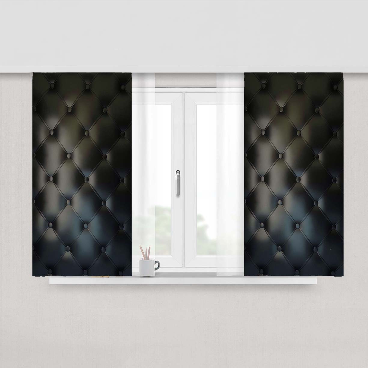 Black Leather Buttoned Pattern Printed Peach Skin Window Curtains