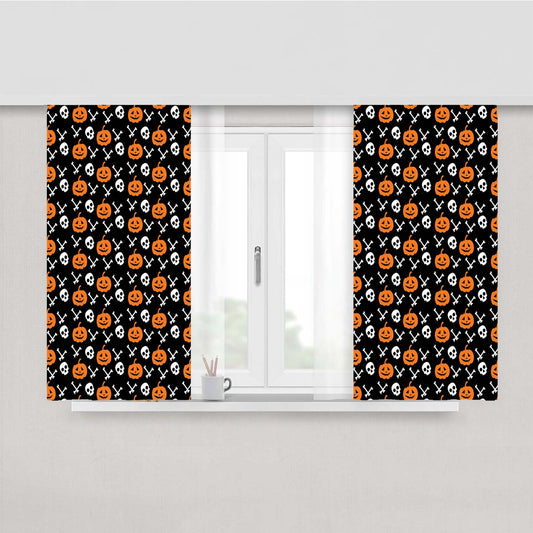 Black Pattern Pumpkins Bone And Head Skeleton Halloween Peach Skin Window Curtains