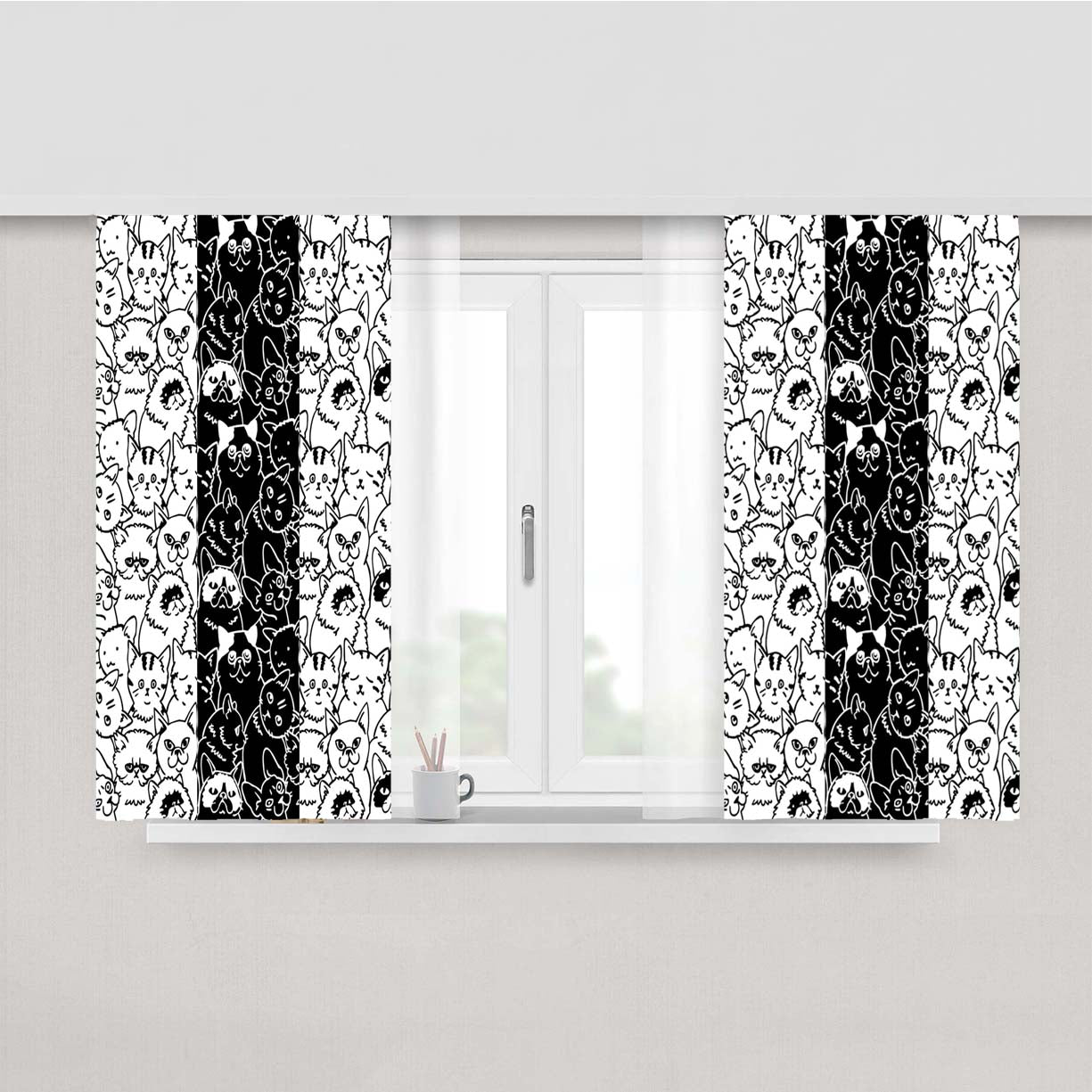 Black White Cats Pattern Peach Skin Window Curtains
