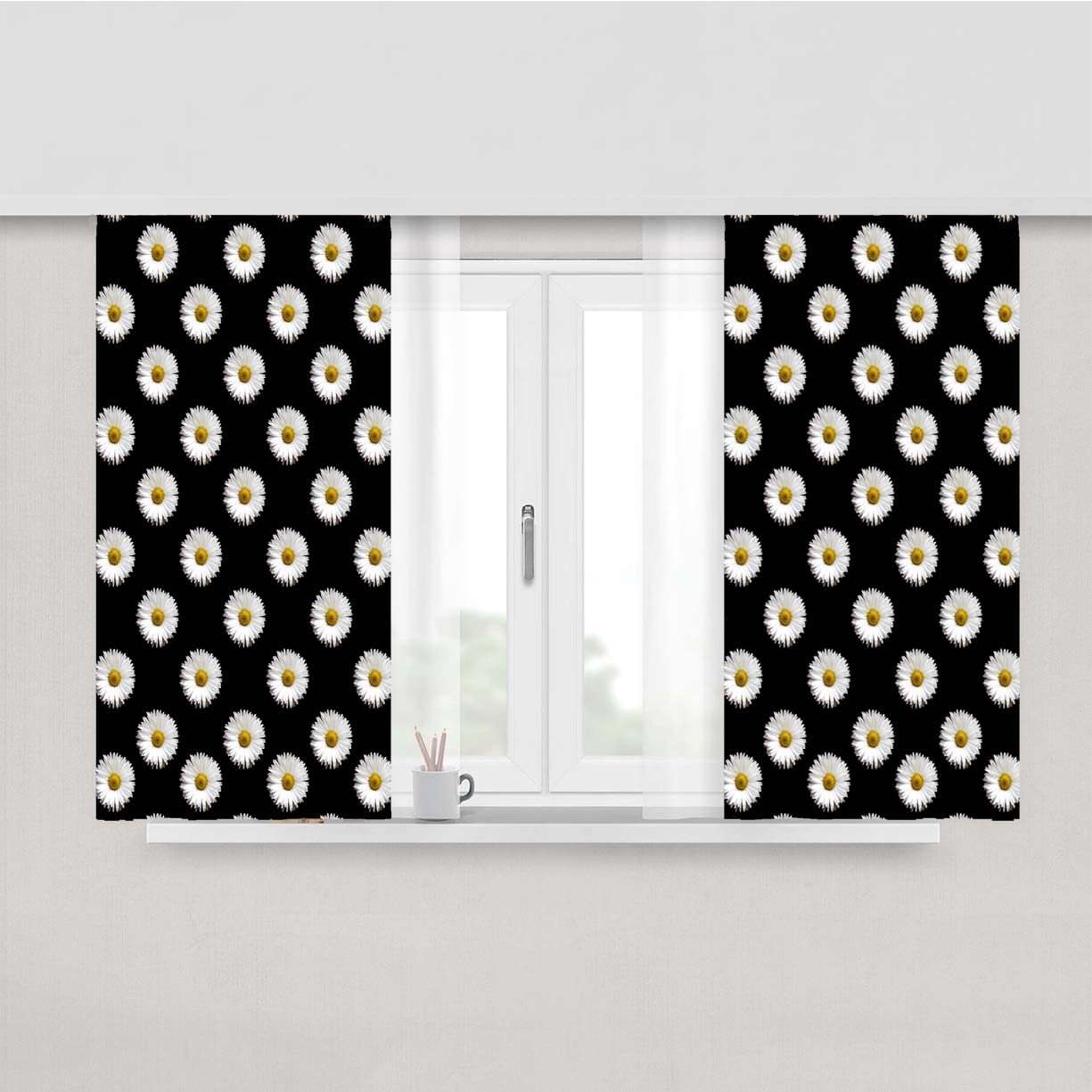 Black White Daisy Flower Pattern Peach Skin Window Curtains