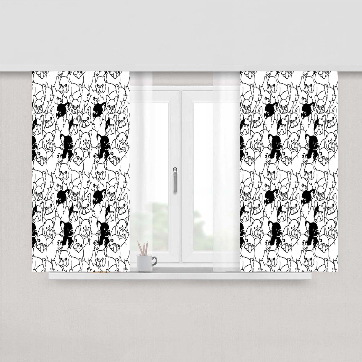 Black White French Bulldog Pattern Peach Skin Window Curtains