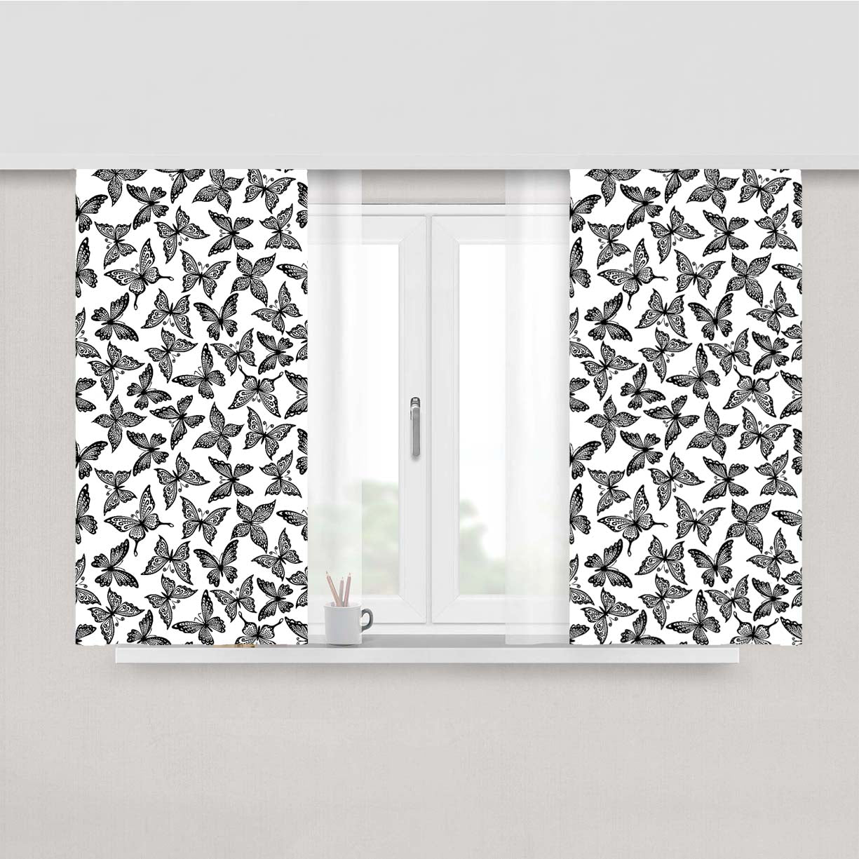 Black White Vintage Flying Butterflies Pattern Peach Skin Window Curtains