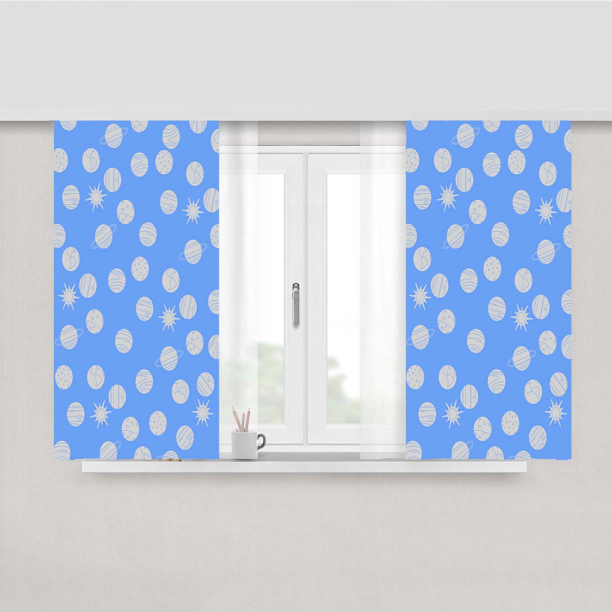 Blue Grey Planet Pattern Doodle Art Peach Skin Window Curtains