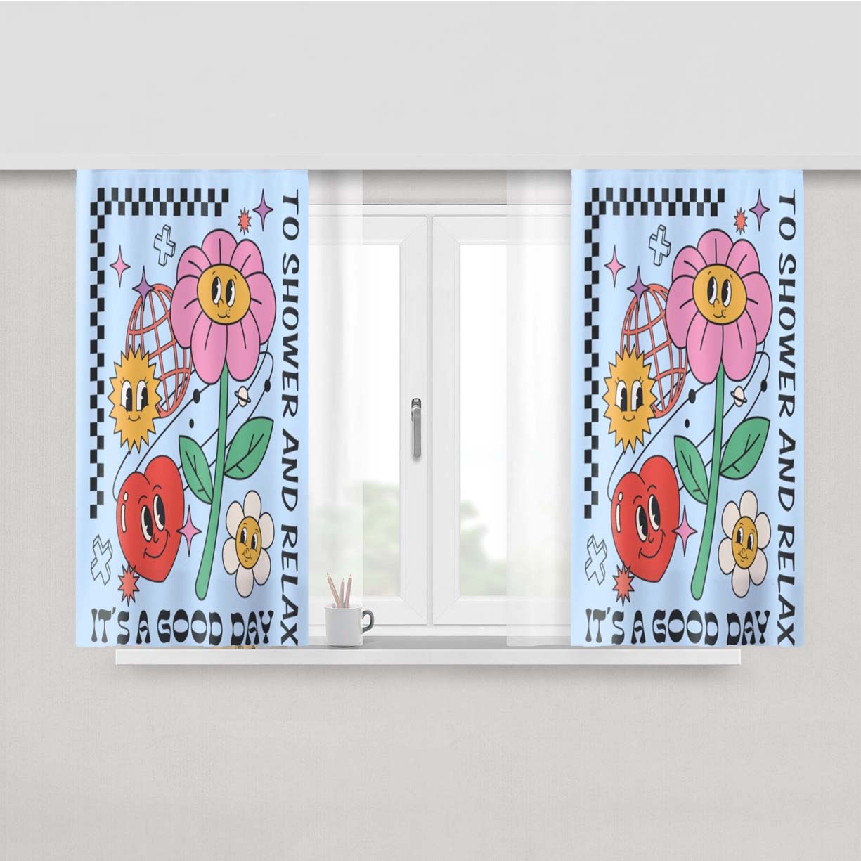 Blue Heart Flower Disco Checkerboard Peach Skin Window Curtains