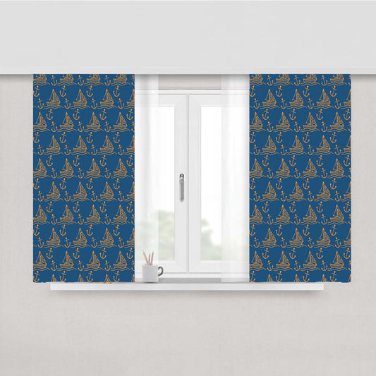 Blue Orange Sailor Ship Pattern Peach Skin Window Curtains