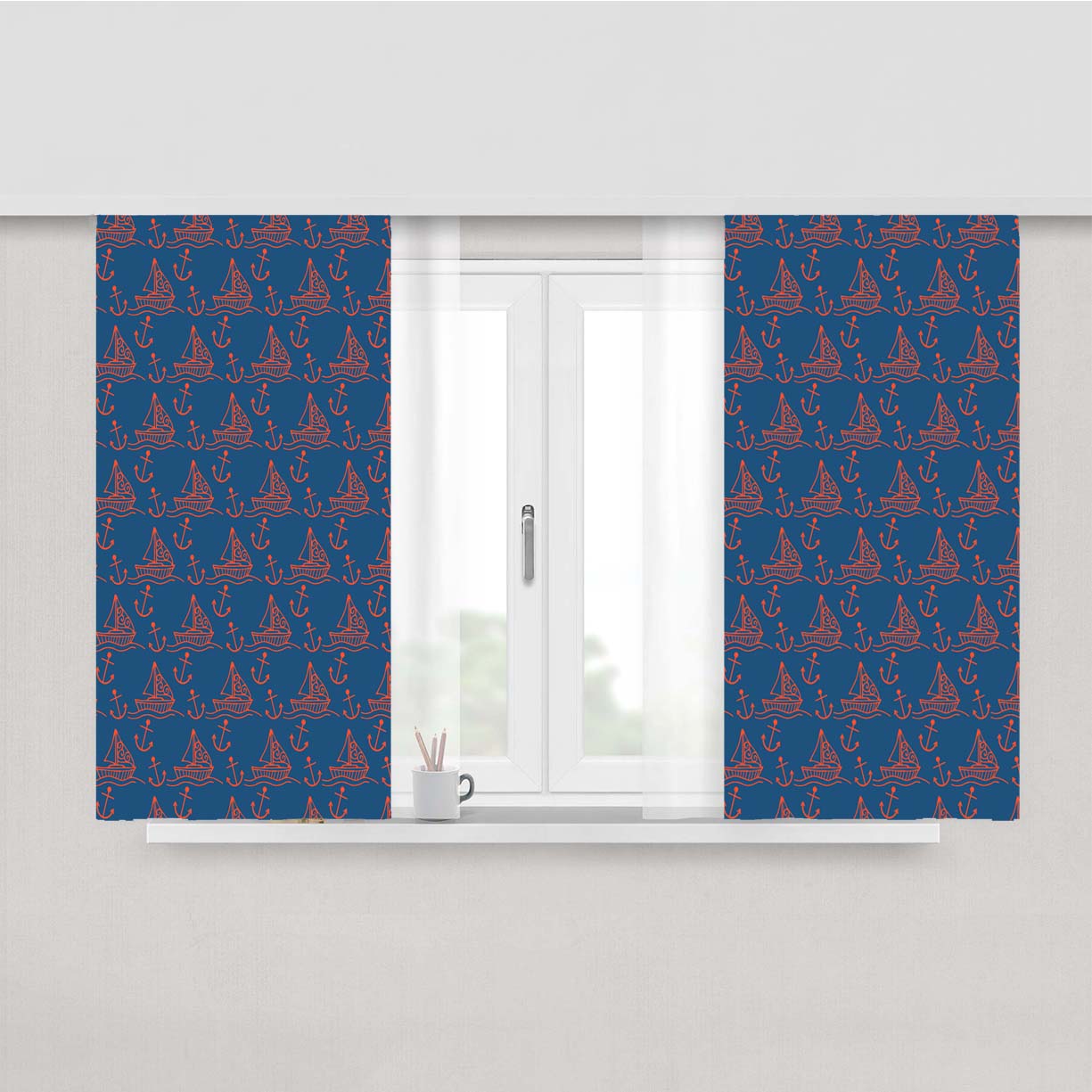 Blue Peach Sailor Ship Pattern Peach Skin Window Curtains