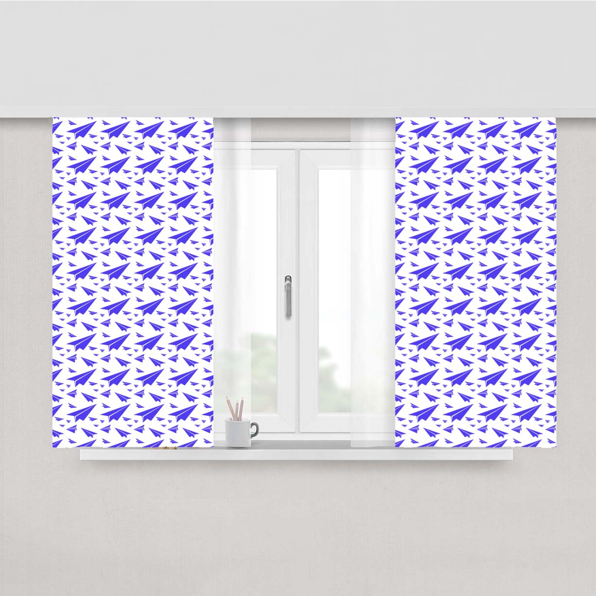 Blue Plane Art Pattern Ori Peach Skin Window Curtains