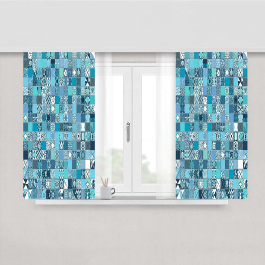 Blue Tile Pattern With The Word Love On It. Peach Skin Window Curtains