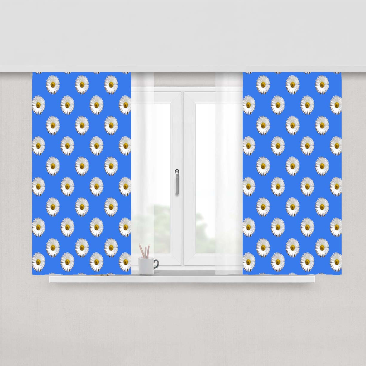 Blue White Daisy Flower Pattern Art Peach Skin Window Curtains