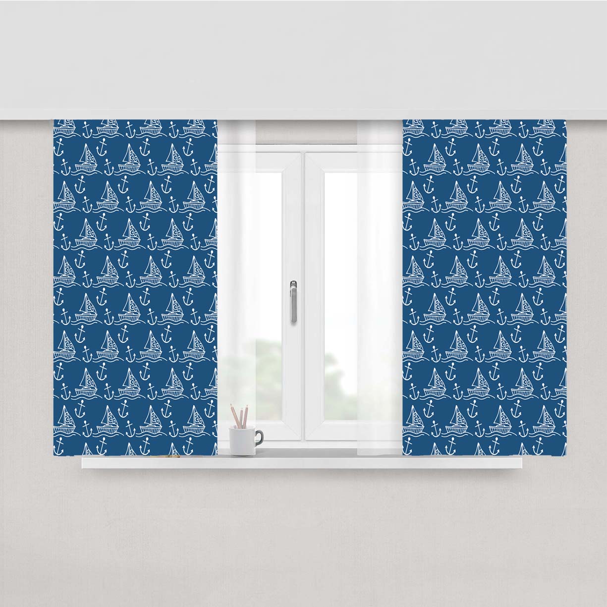 Blue White Sailor Ship Pattern Peach Skin Window Curtains