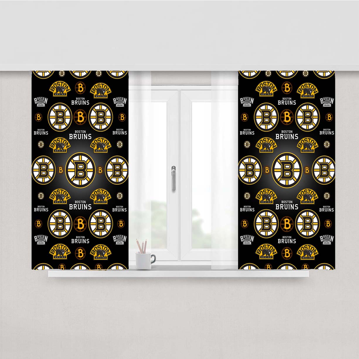 Boston Bruins Logo Pattern Black Peach Skin Window Curtains