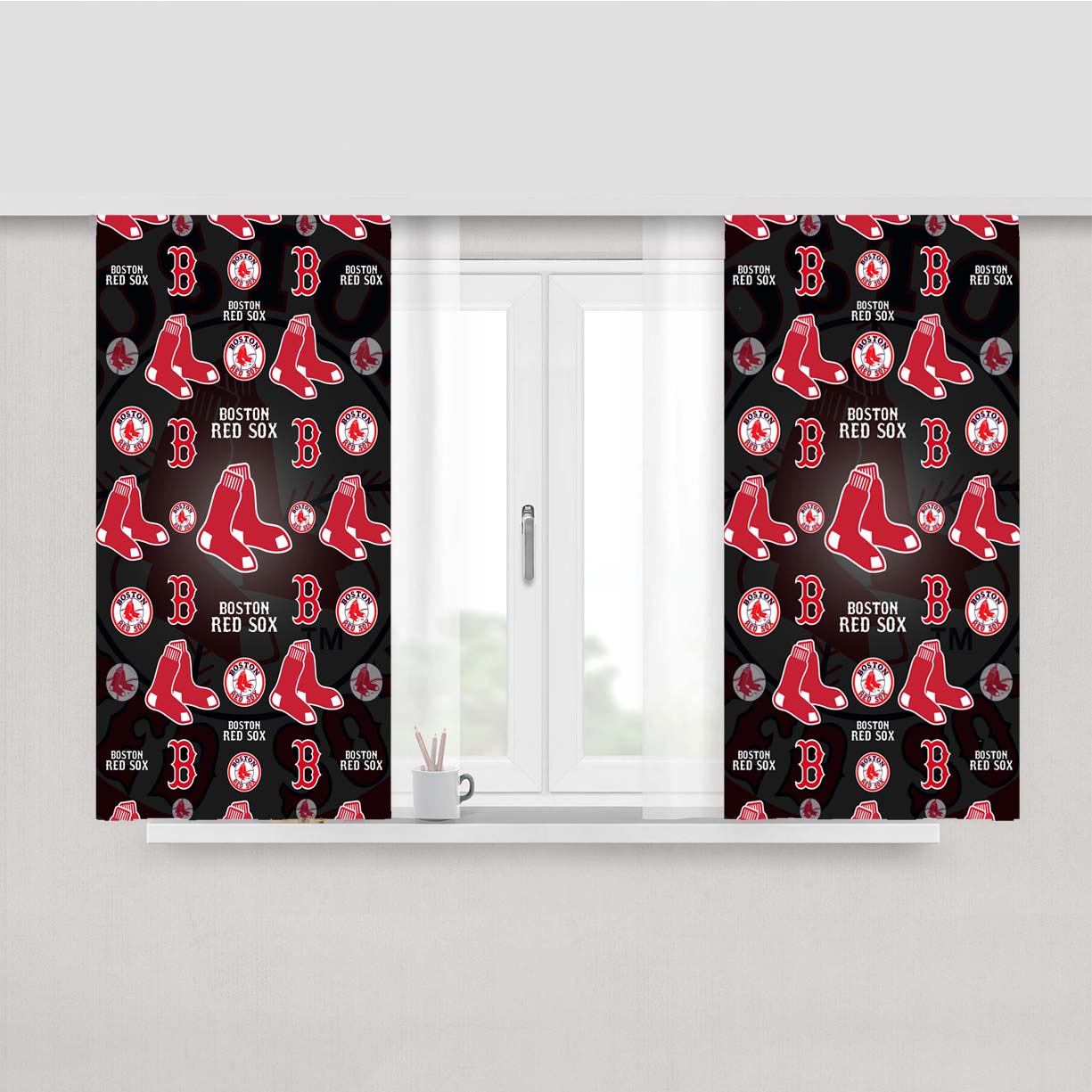 Boston Red Sox Logo Pattern Black Peach Skin Window Curtains
