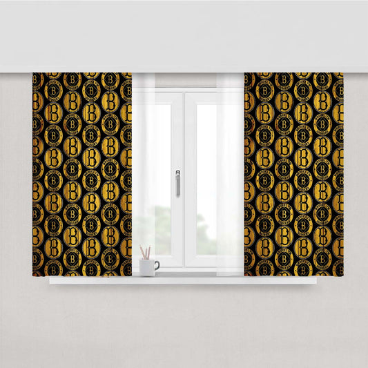 Brooklyn Nets New York Logo Dark Wood Pattern Peach Skin Window Curtains