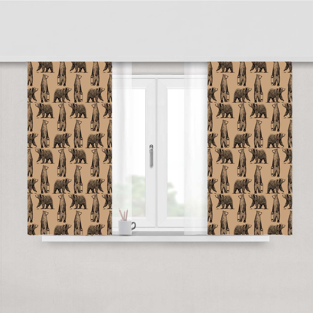 Brown And Black Skate Bear Illustrations Pattern Peach Skin Window Curtains