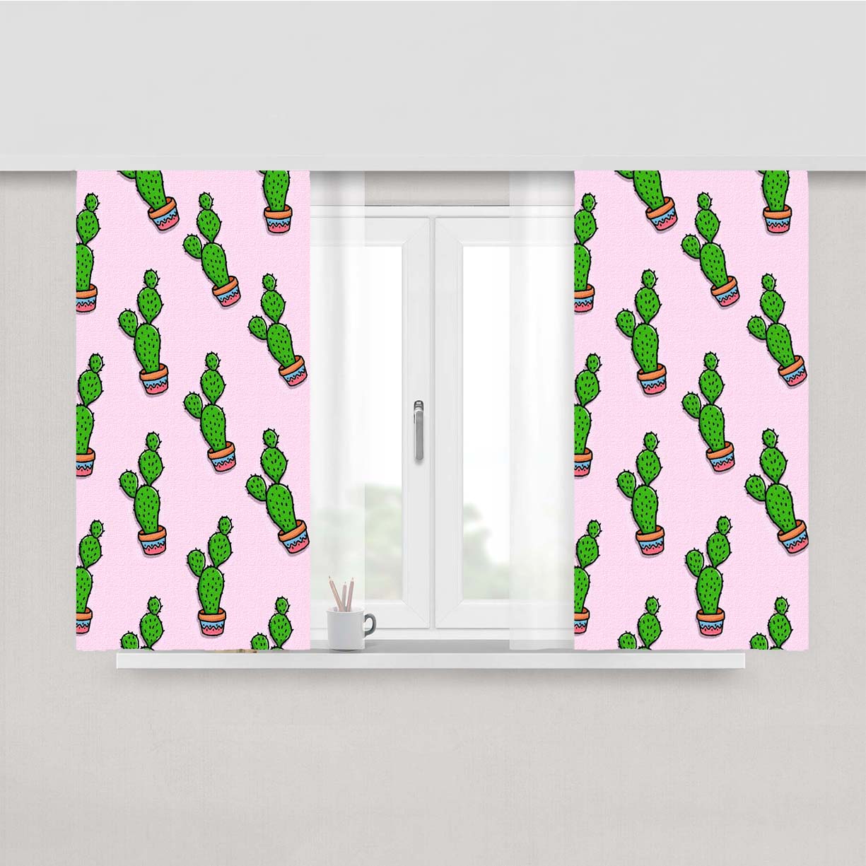 Cactus Pattern Pink Canvas Peach Skin Window Curtains
