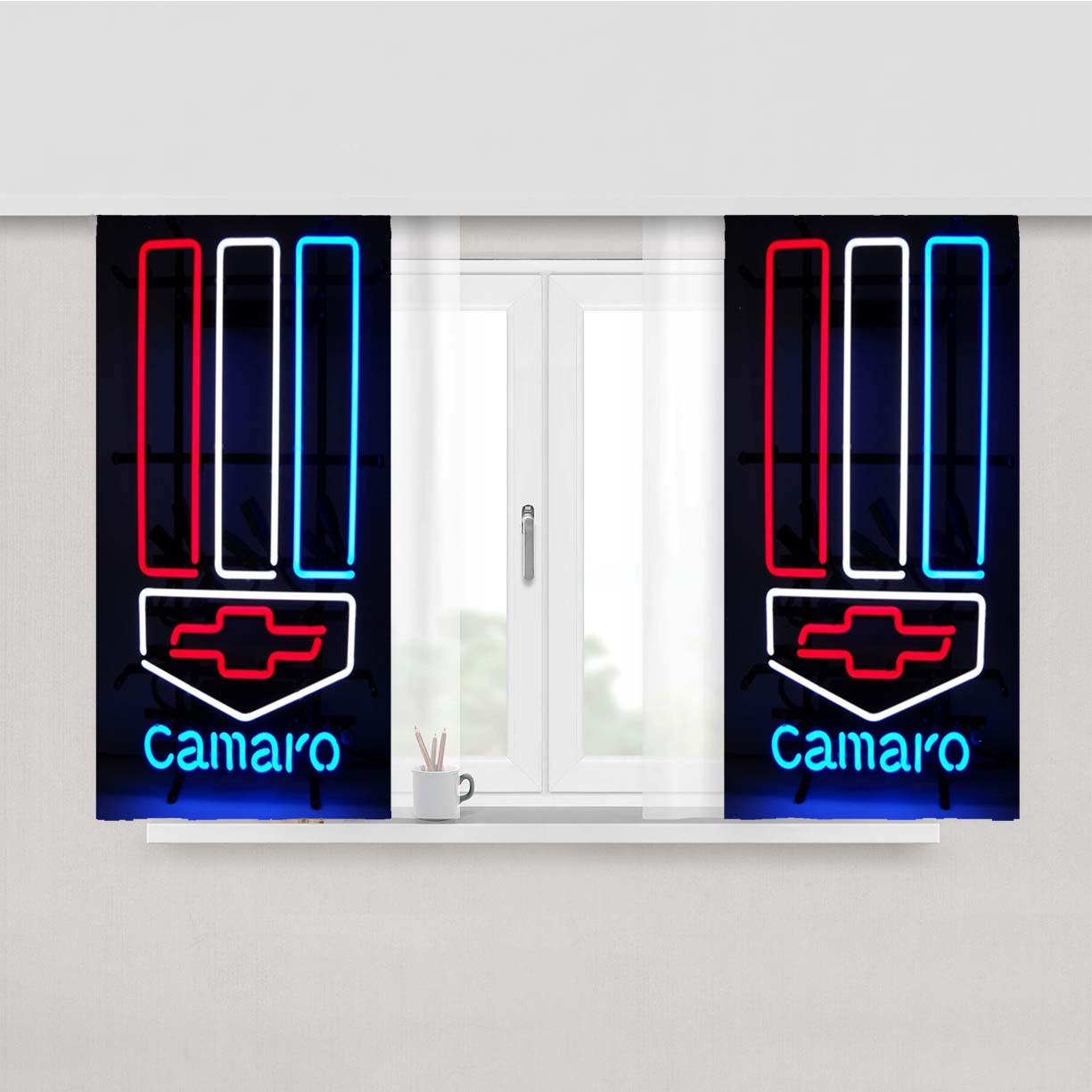 Camaro Neon Logo Peach Skin Window Curtains