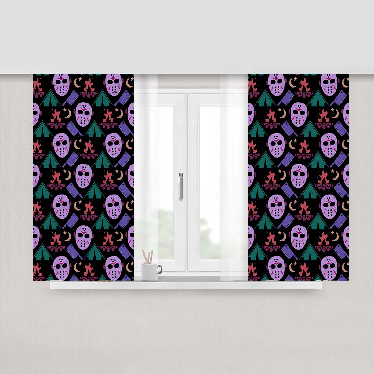 Camping With Jason Voorhees Friday The 13 Pattern Peach Skin Window Curtains