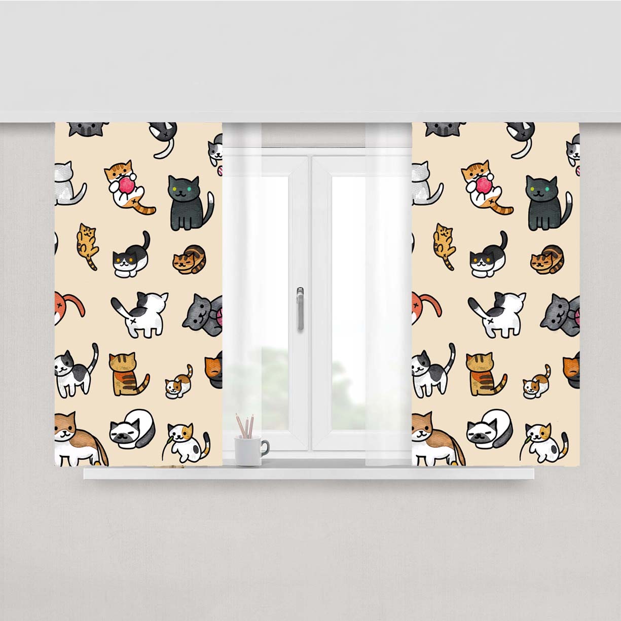 Cats Cartoon Pattern Peach Skin Window Curtains