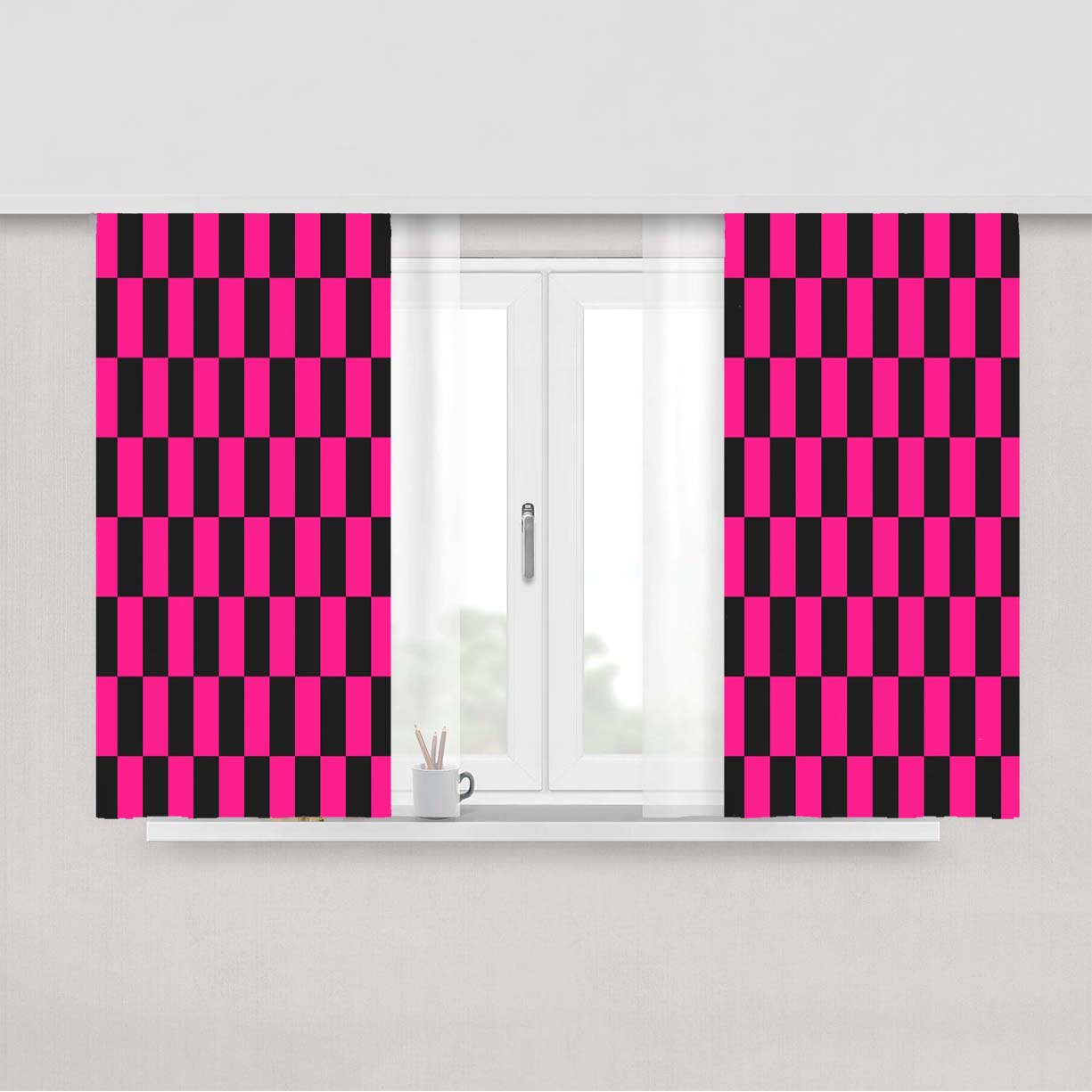 Checkered Magenta Pattern Peach Skin Window Curtains