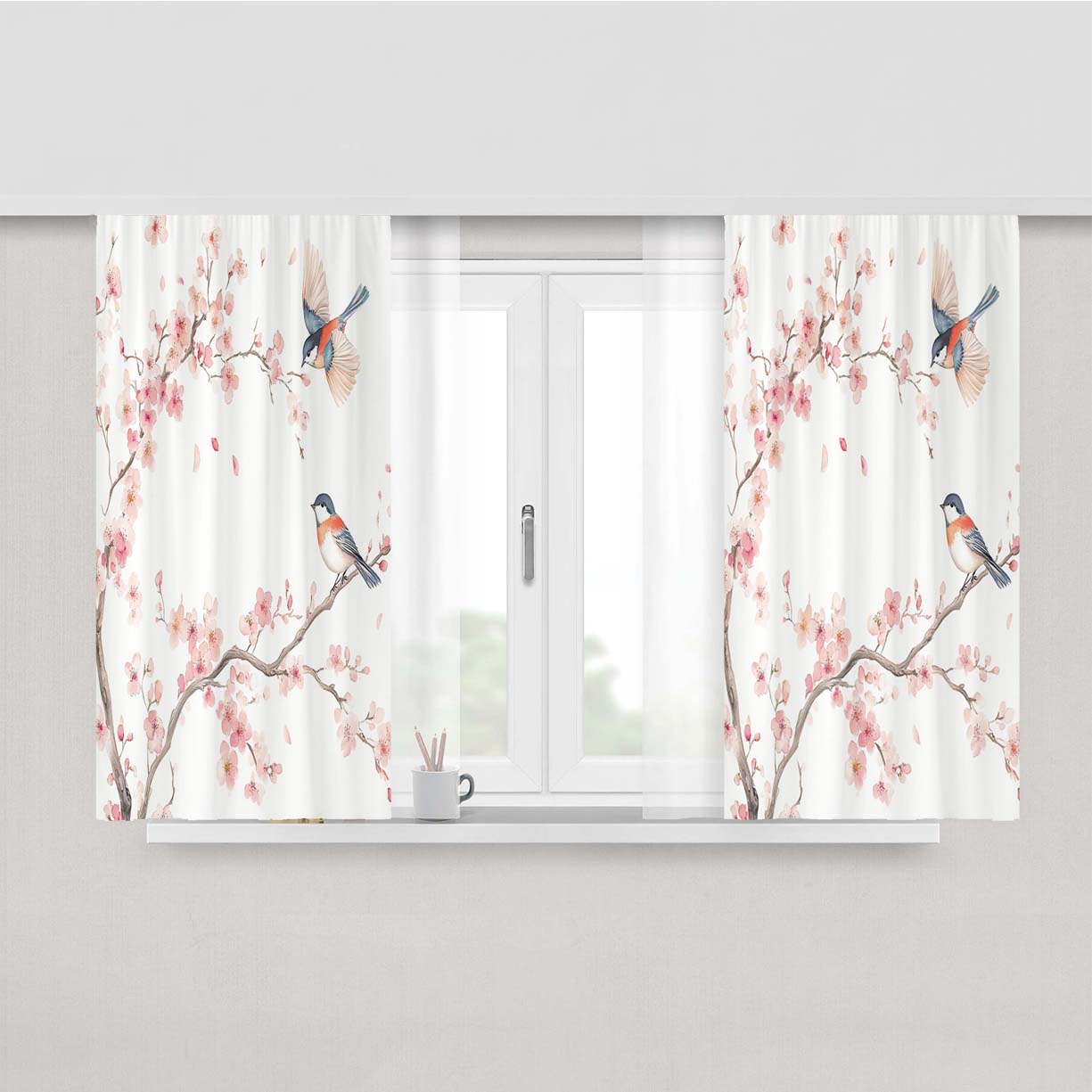Cherry Blossom Bird Peach Skin Window Curtains