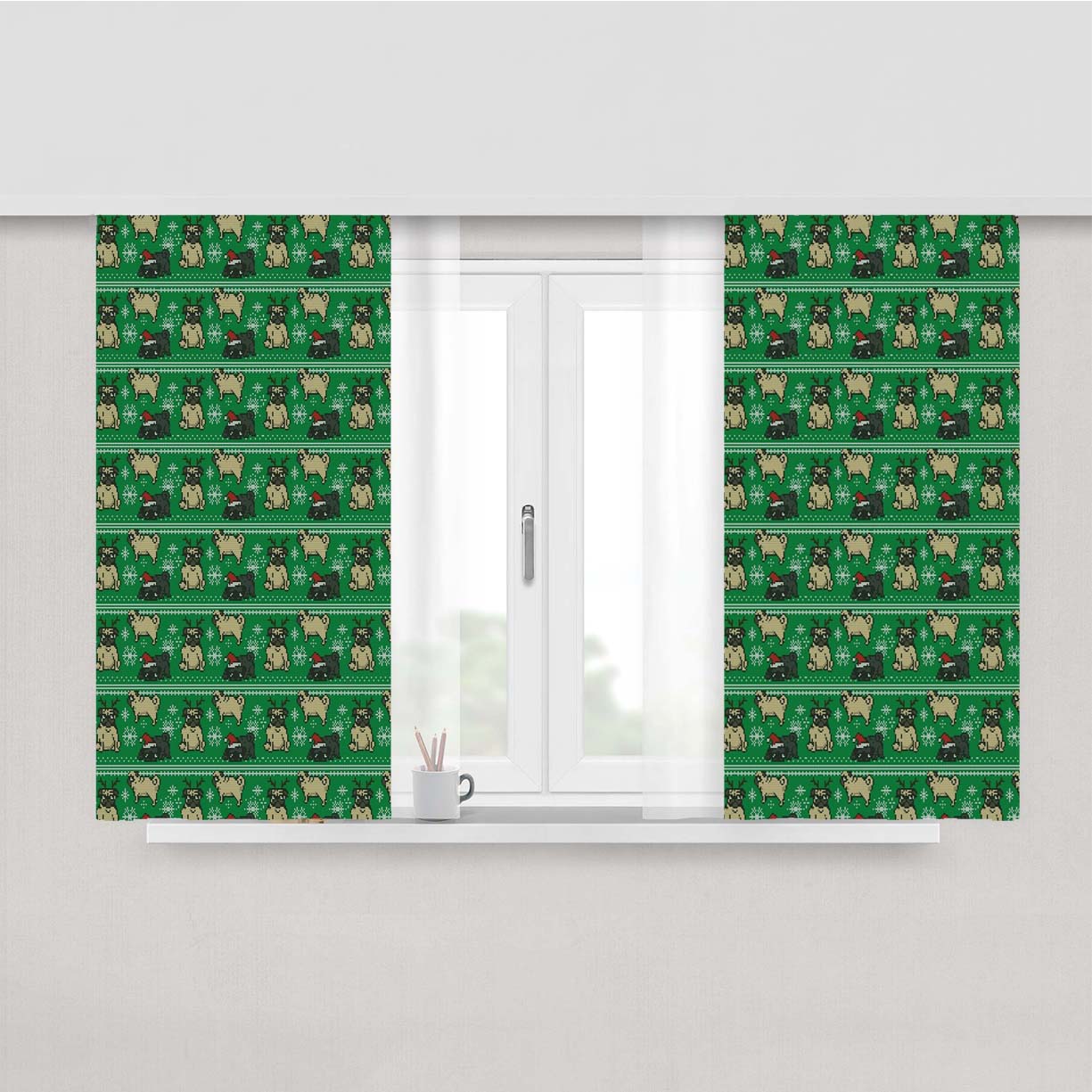 Christmas Pug Green Winter Pattern Peach Skin Window Curtains