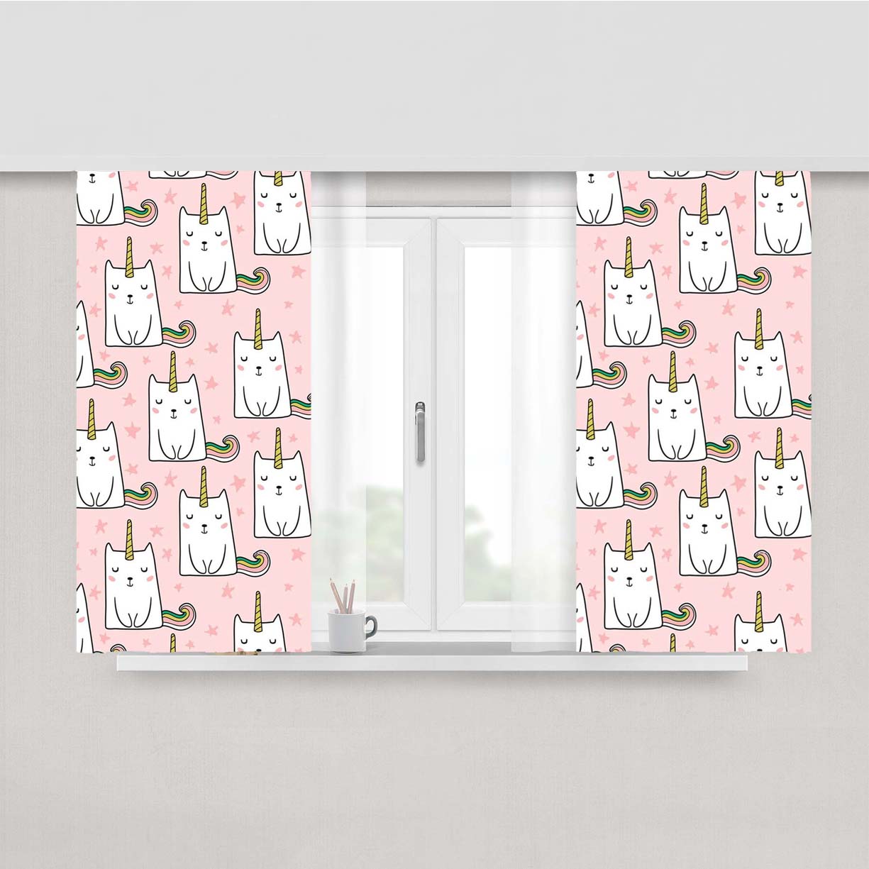 Chubby Unicorn Cat Pattern Peach Skin Window Curtains