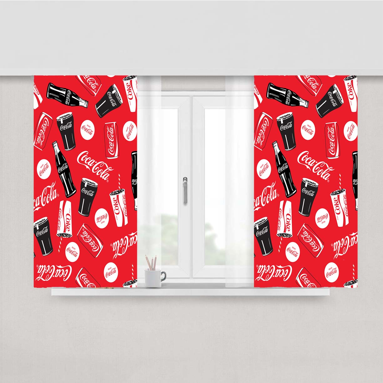 Coca Cola Bottle Can Allover Peach Skin Window Curtains