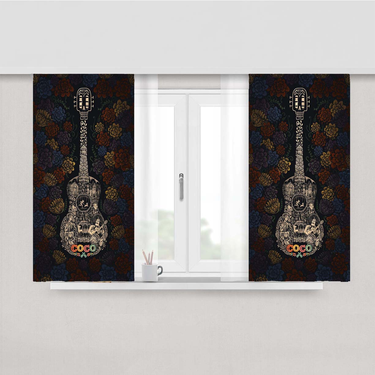 Coco Guitar Flower Pattern Peach Skin Window Curtains