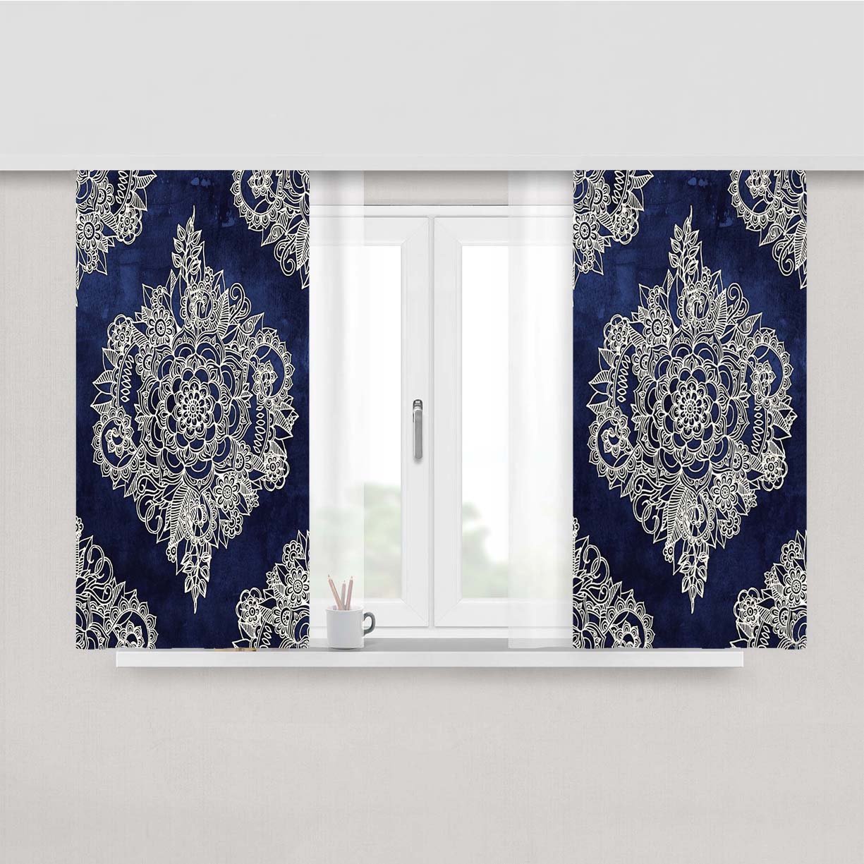 Cream Floral Moroccan Pattern On Deep Indigo Ink Peach Skin Window Curtains