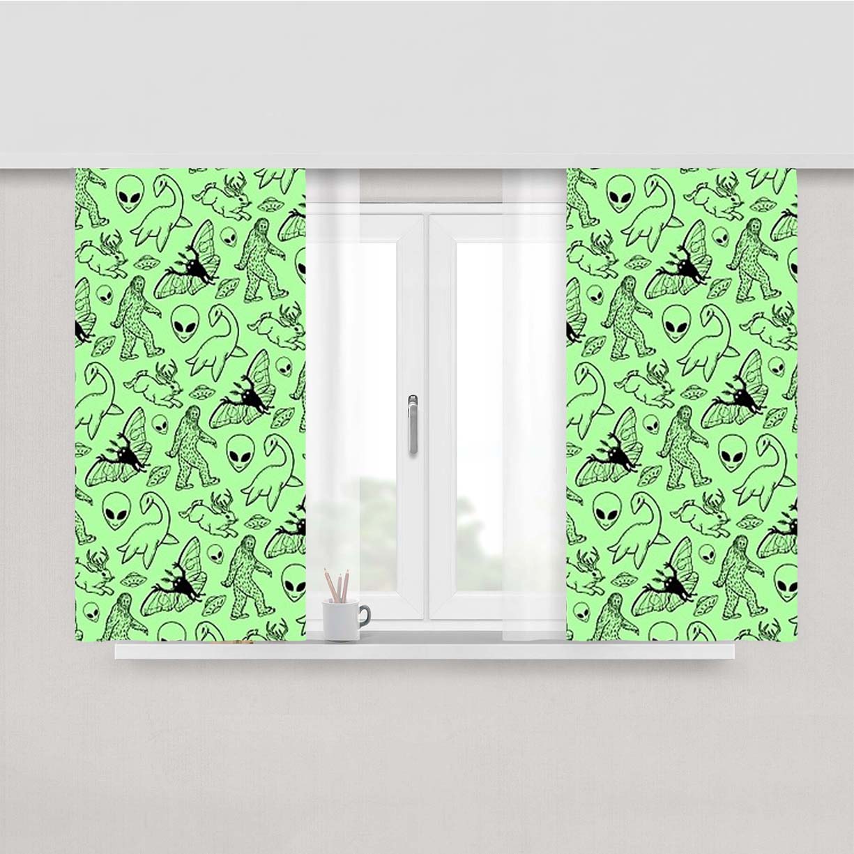 Cryptid Pattern Green Lines Peach Skin Window Curtains