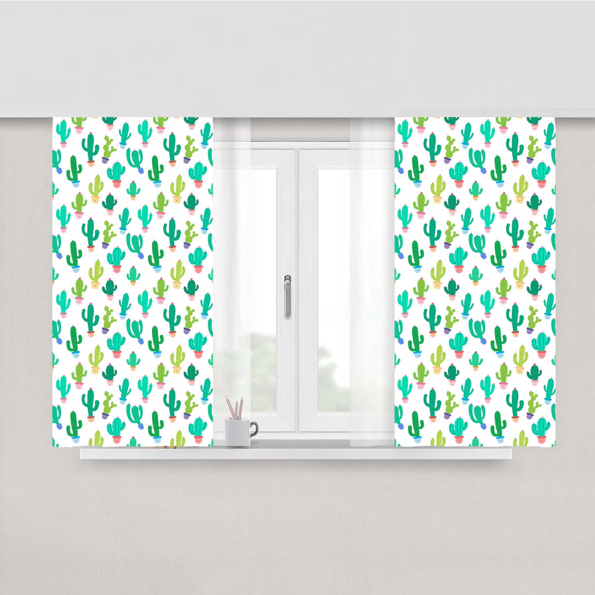 Cute Seamless Cactus Pattern Peach Skin Window Curtains