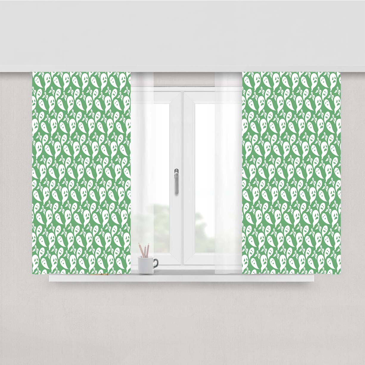 Dark Green Ghosts Pattern Halloween Peach Skin Window Curtains