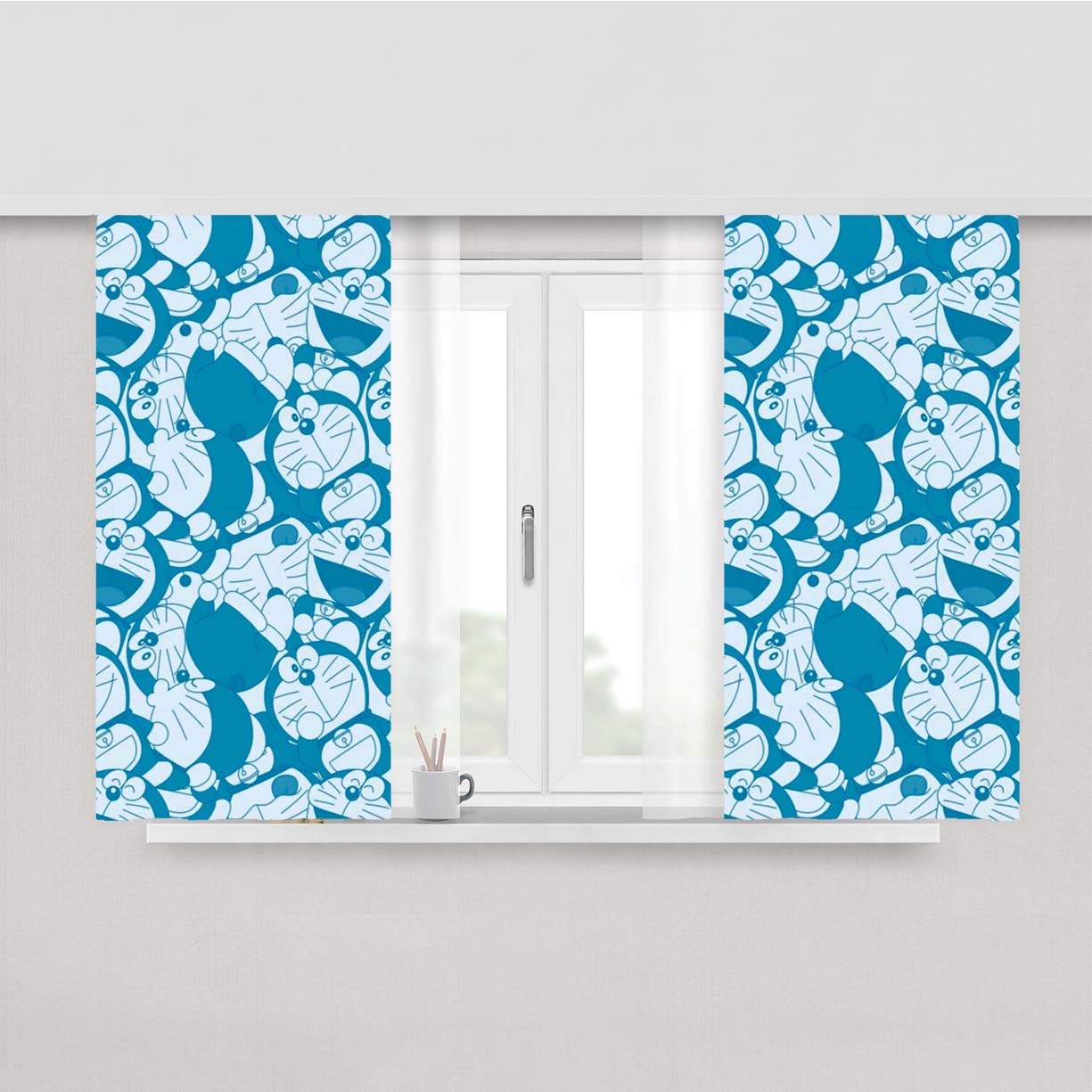 Doraemon Full Blue Pattern Peach Skin Window Curtains