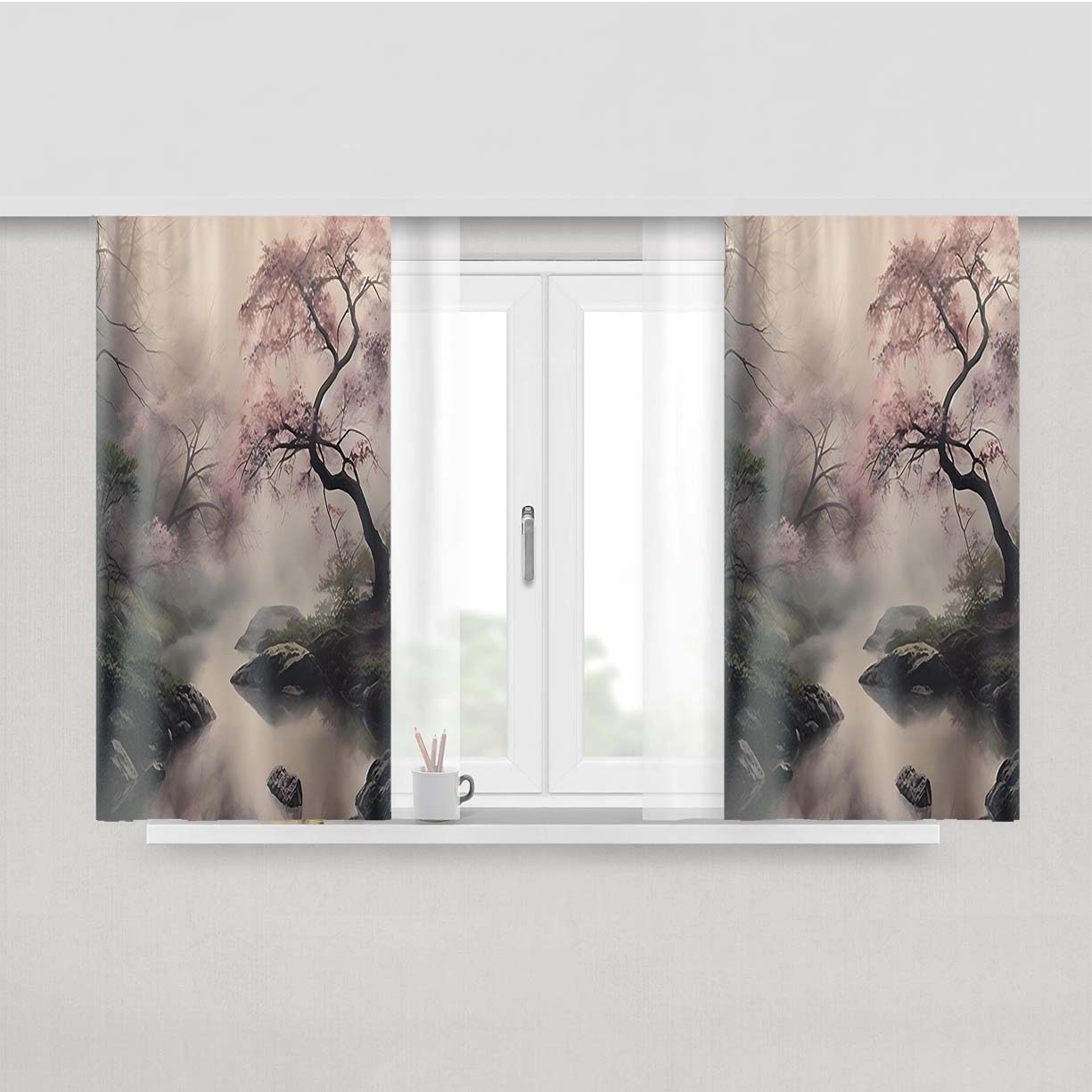 Elegant Misty Cherry Blossom Peach Skin Window Curtains