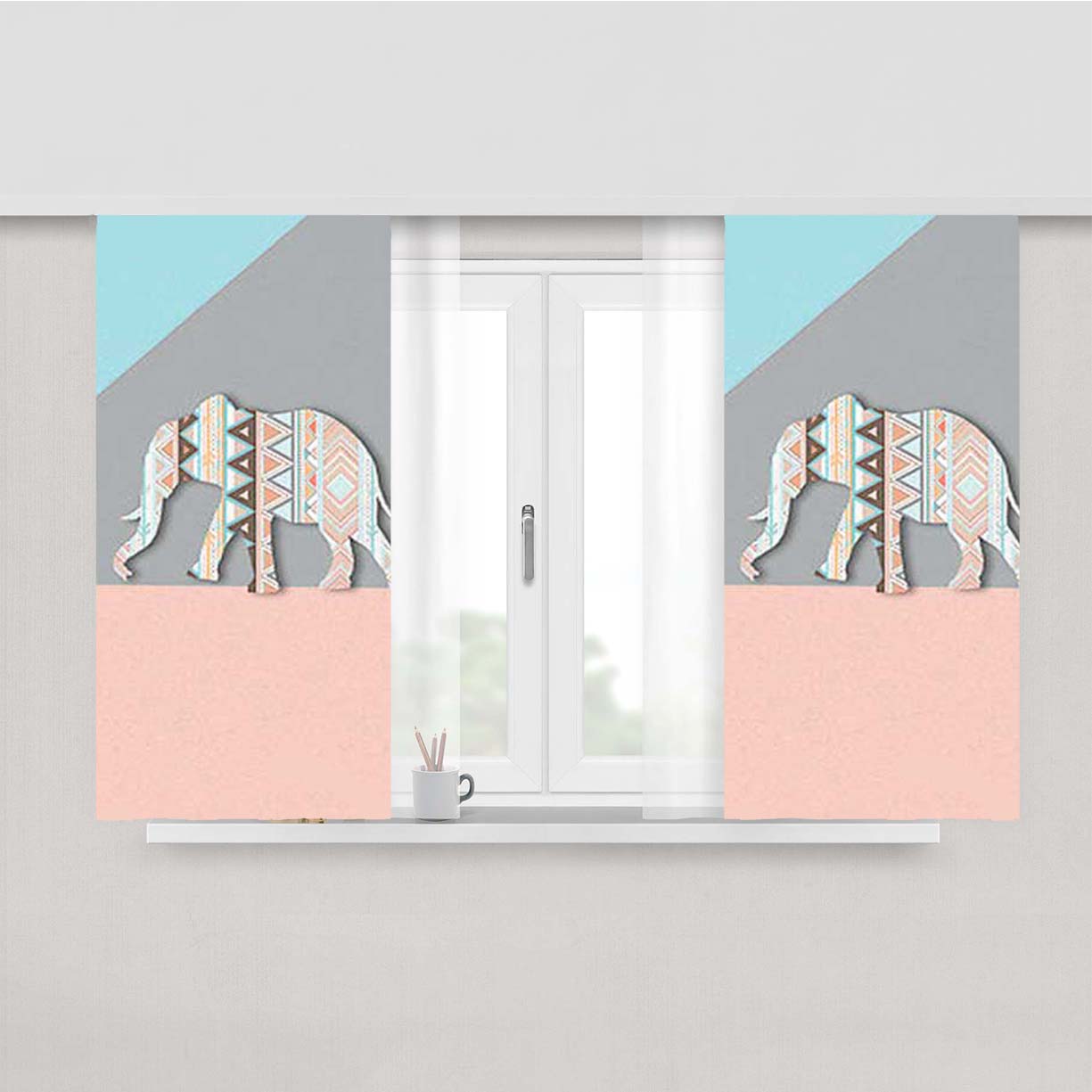 Elephant Aztec Pattern Peach Skin Window Curtains