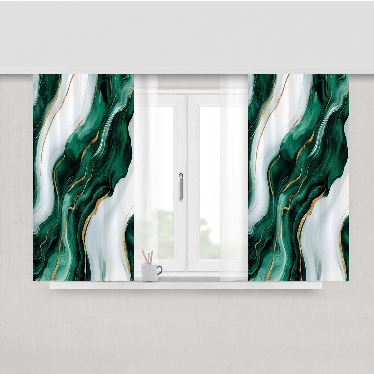 Emerald Green And White Marble Peach Skin Window Curtains