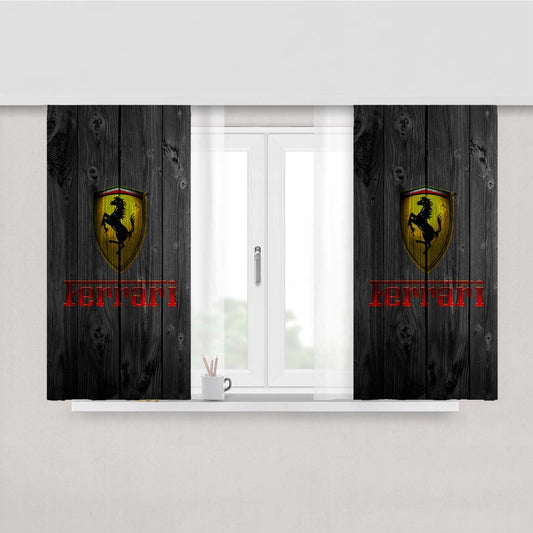 Ferrari Luxury Car Logo Dark Wood Wallpaper Peach Skin Window Curtains