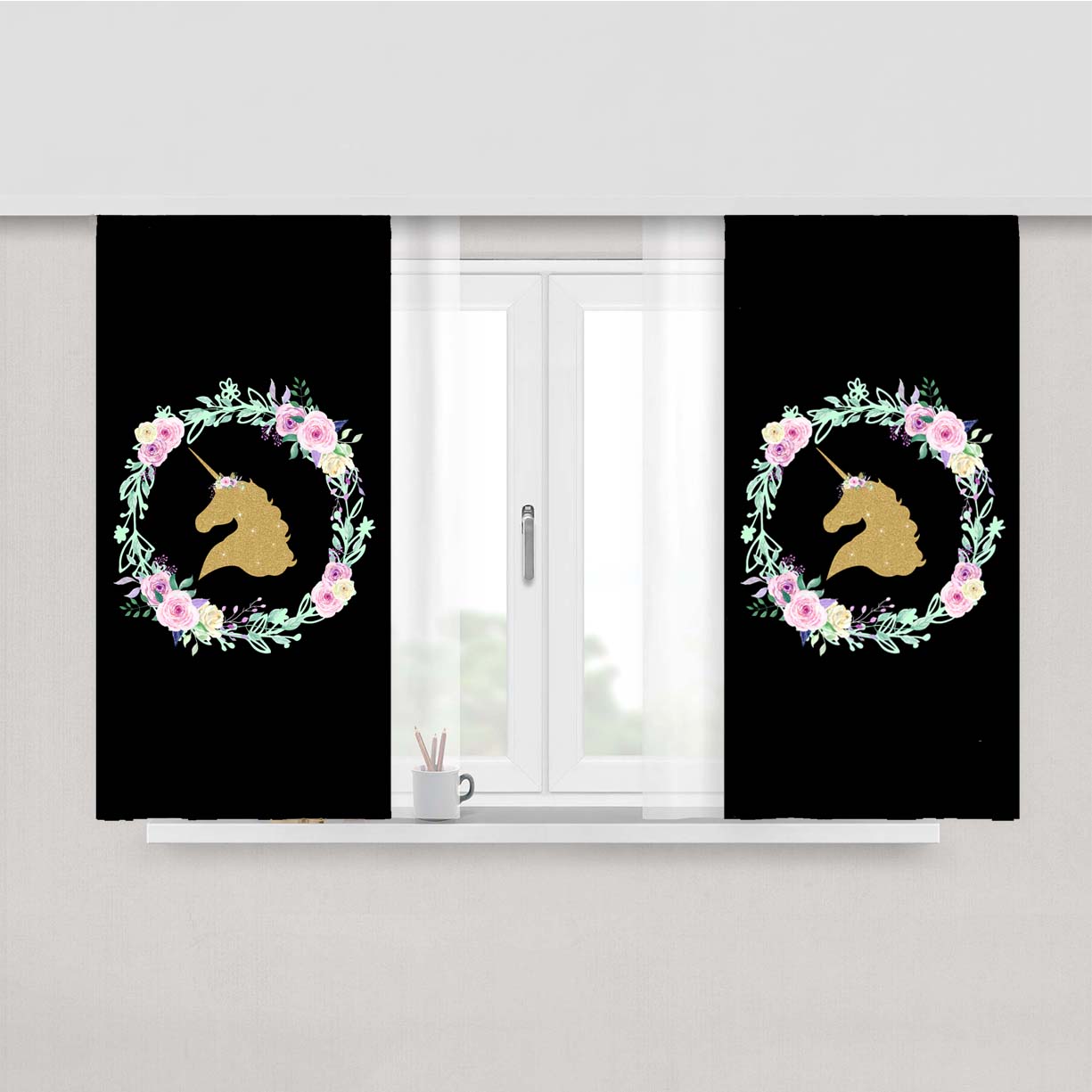 Flower Floral Silhouette Gold Unicorn Peach Skin Window Curtains