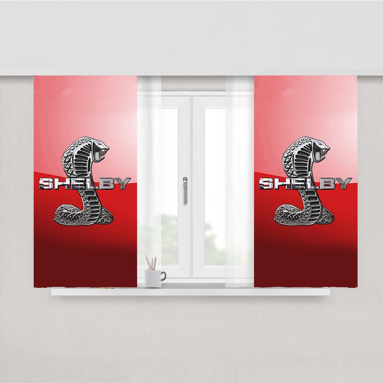 Ford Mustang Shelby Cobra Red Logo Peach Skin Window Curtains