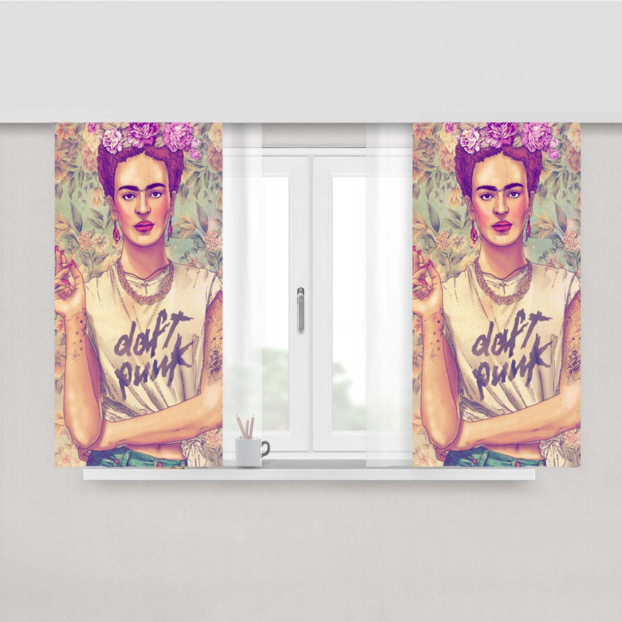 Frida Kahlo Vintage Floral Peach Skin Window Curtains
