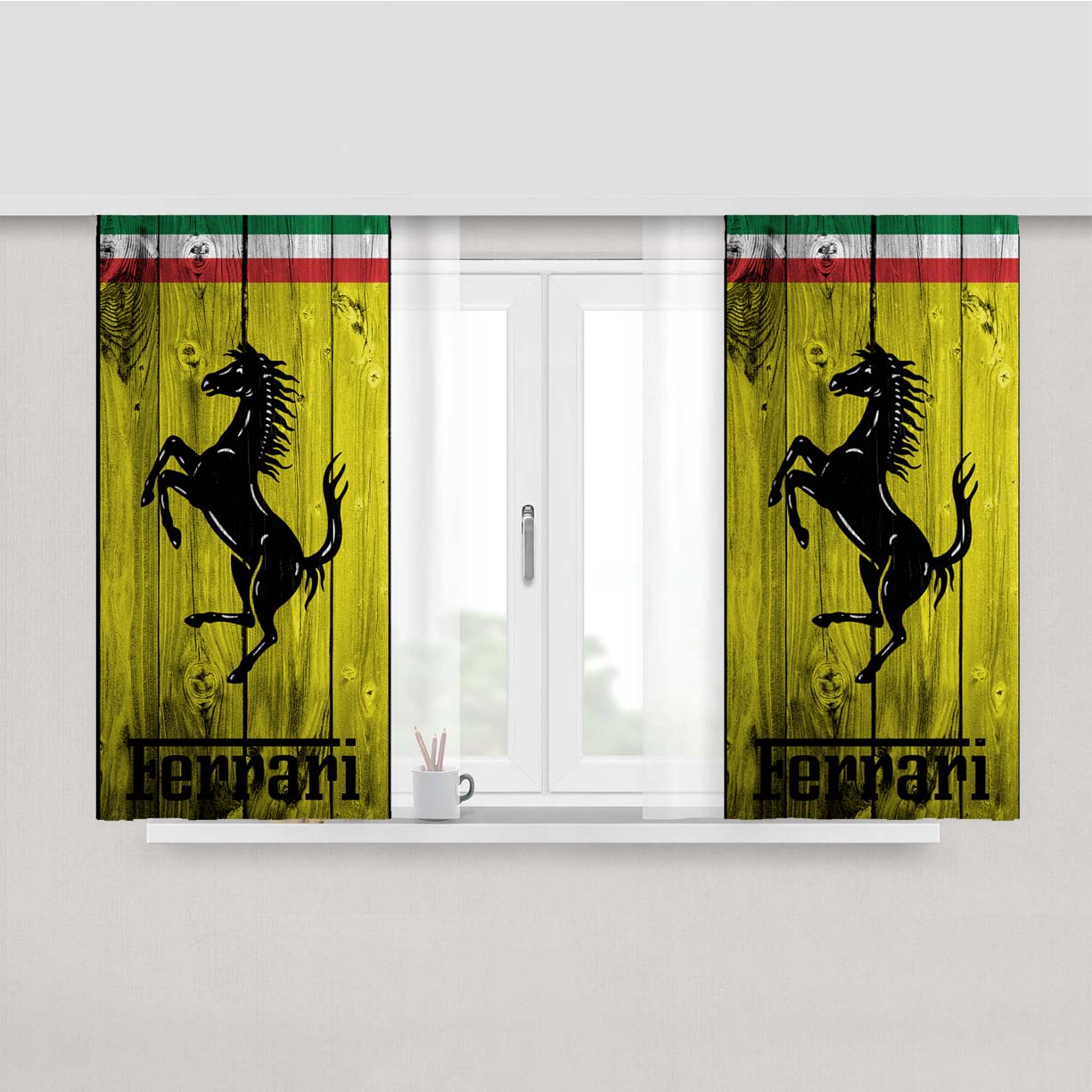 Full Ferrari Logo Dark Wood Wallpaper Peach Skin Window Curtains