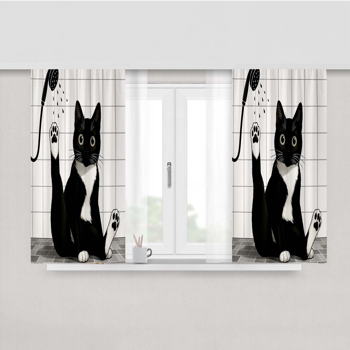 Funny Black Cat Peach Skin Window Curtains