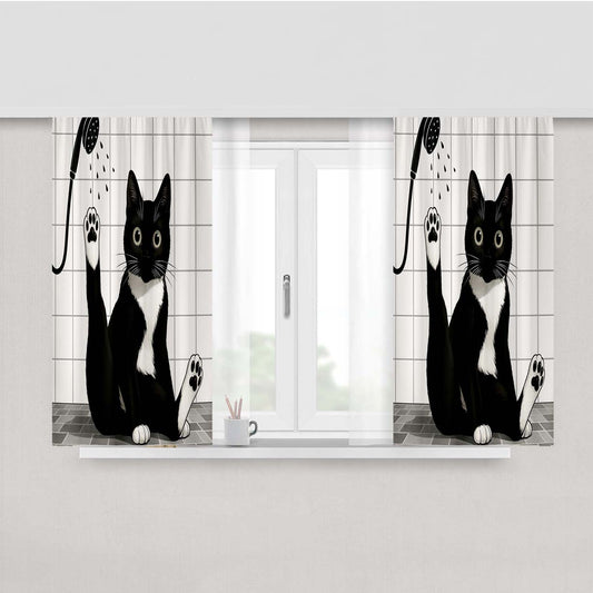 Funny Black Cat Peach Skin Window Curtains
