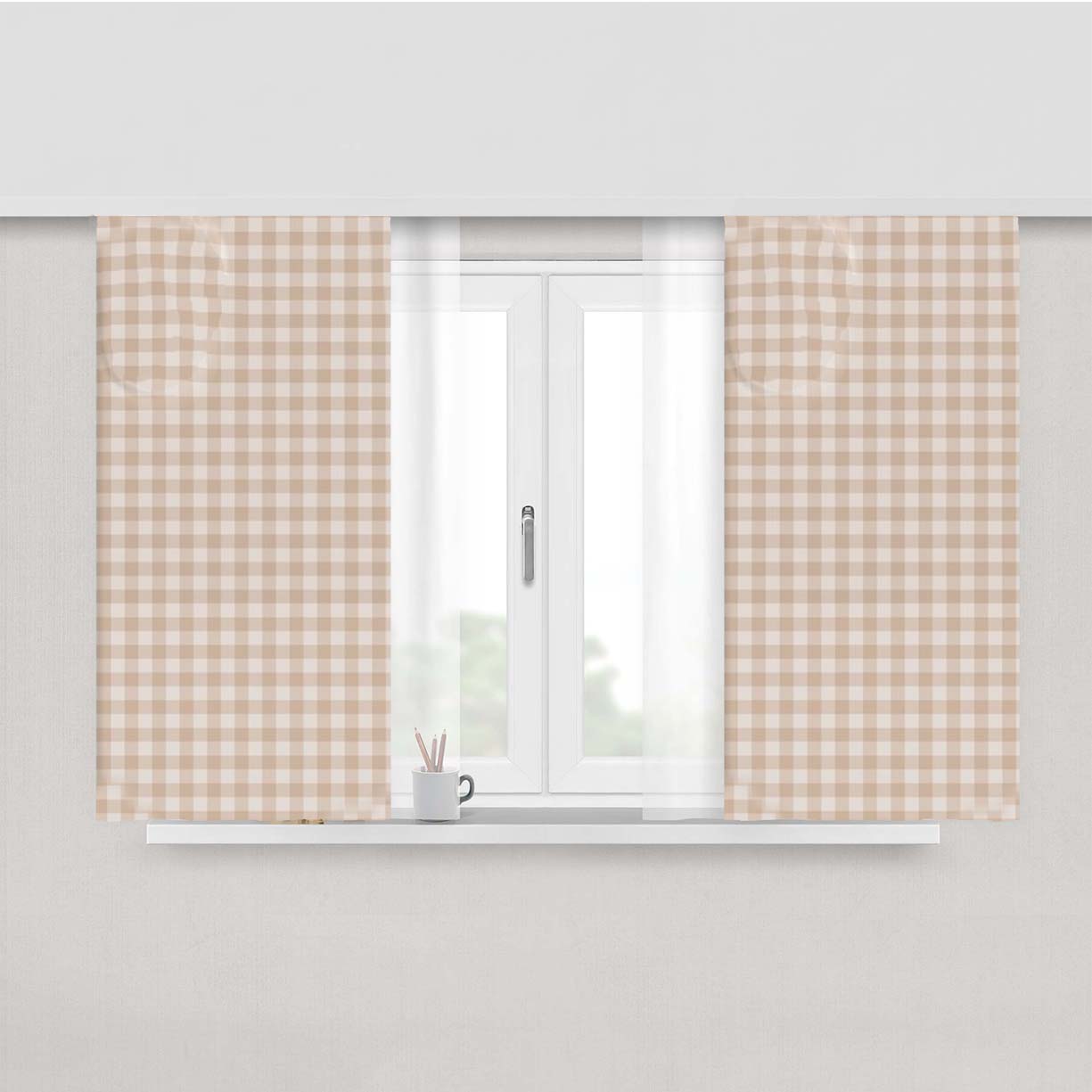 Gingham Plaid Pattern - Warm Neutral Tan Peach Skin Window Curtains