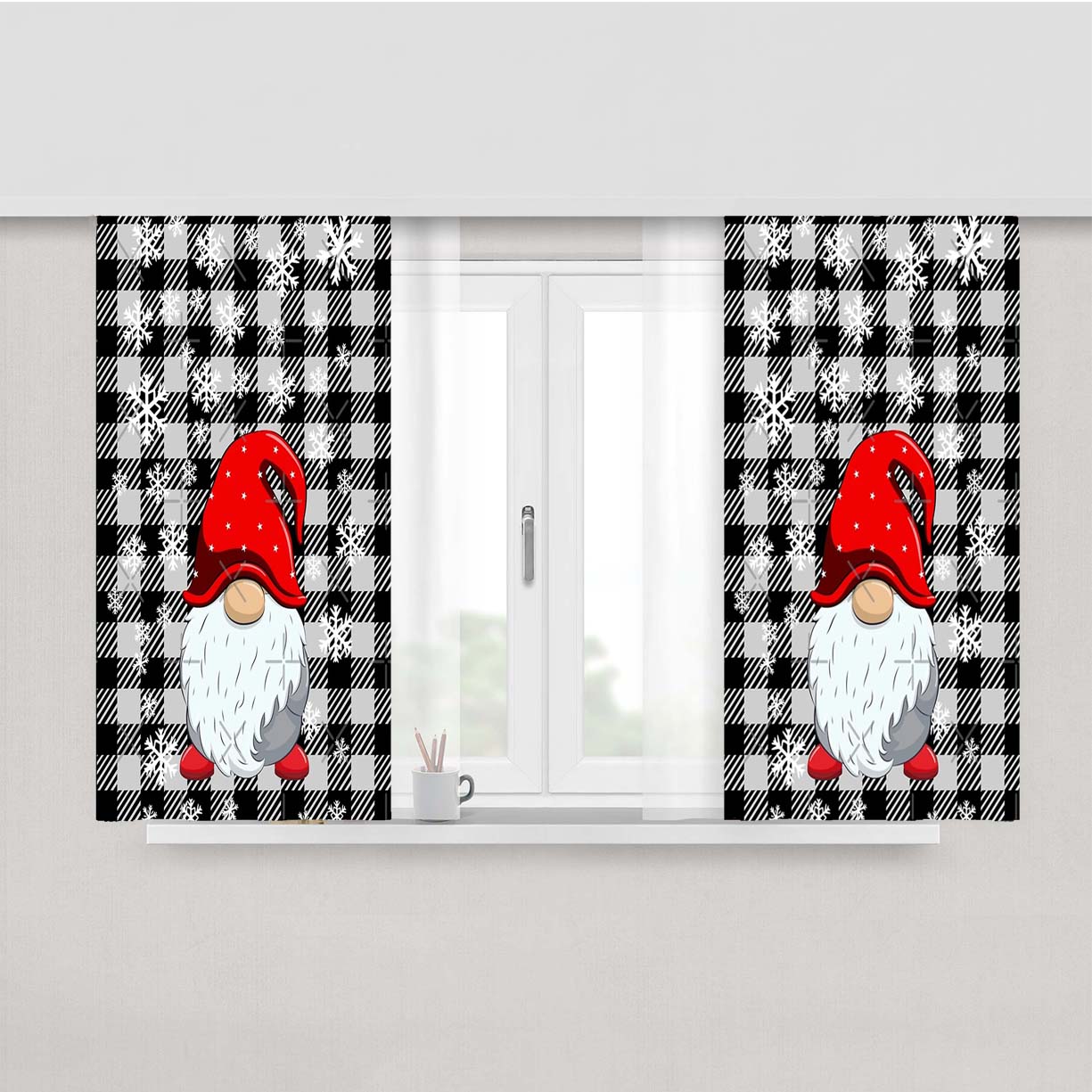 Gnomes Gray Buffalo Plaid Christmas Snowflakes Peach Skin Window Curtains