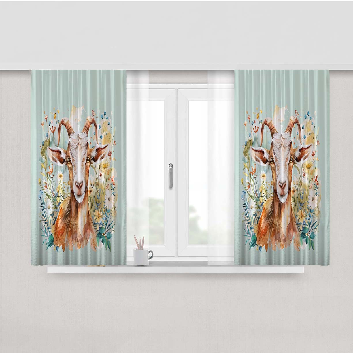 Goat In Wildflowers Peach Skin Window Curtains