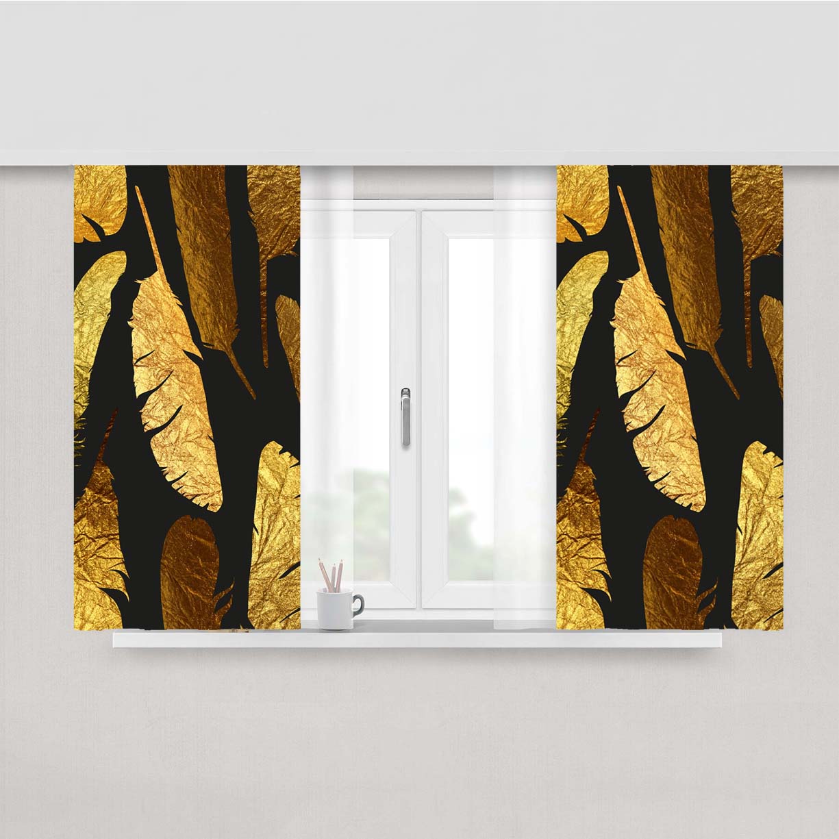 Gold Feather Pattern Peach Skin Window Curtains