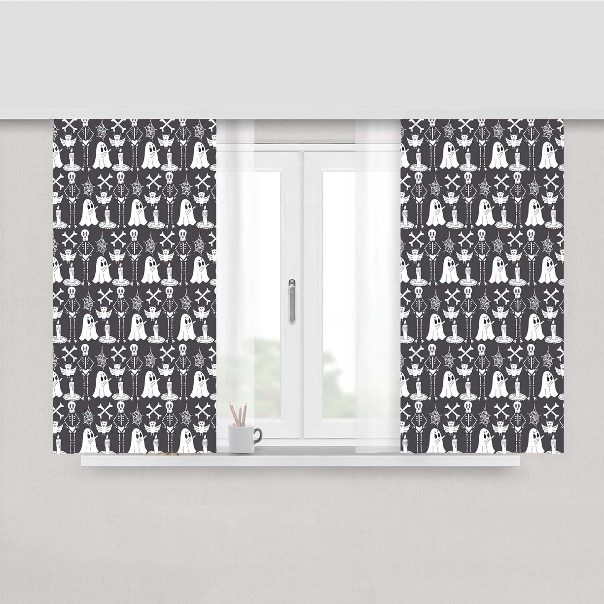 Grayscale Pattern Halloween Ghost Skeleton Peach Skin Window Curtains