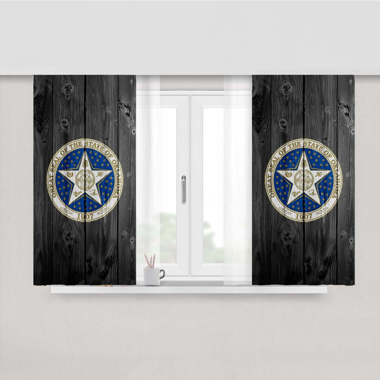 Great Seal Of The State Of Oklahoma Logo Dark Wood Wallpaper Peach Skin Window Curtains